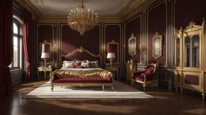 Photograph of a  beautiful luxurious bedroom, classical European Royal palace Interior design Style, ((masterpiece))), Rich burgundy red and dark gold colors, dark wood, best quality,ultra-detailed, 8k, wallpaper, extremely delicate and beautiful, highresolution, ray tracing, (realistic, photorealistic:1.4), professional lighting, photon mapping, radiosity, physically-based rendering, colorful modern Interior Design as seen on Dezeen