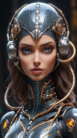 (highres,masterpiece:1.2),ultra-detailed, realistic, physically-based rendering, cyborg woman, Ultra-Modern Burqa or veil, electronic systems on-head humanoids, with a detailed brain that you can see, cranial mechanical parts representation, female face, beautiful detailed Eyes, Snake Pupils, beautiful detailed lips, muscle wire, flesh-colored skin, metallic elements, digital interface ,glowing circuitry, advanced sensors, ((Translucent mask-Glasses)) ,high-tech prosthetics, seamless integration, artificial intelligence, technological enhancements, wearable technology,modern aesthetics,bionic enhancements,advanced biotechnology,sleek and futuristic design,blending of human and machine,symbolic representation of human evolution,harmonious coexistence of organic and synthetic components,vivid colors,dynamic lighting,Gric,more detail XL