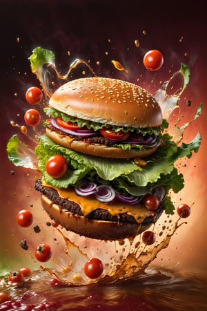 a photograph of a falling burger, gaming on to a glass plate, in a gradient Cherry  coloured background, fluid motion, dynamic movement, cinematic lighting, palette knife, digital artwork by Beksinski,action shot,sweetscape, 3D, oversized tomatoes, lettuce, caramel theme, art by Klimt, airbrush art, food photography, food explosion, 