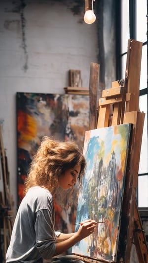 A young artist painting a portrait on a large canvas in a studio loft , the atmosphere is intimate and bohemian, realistic, artistic photography.