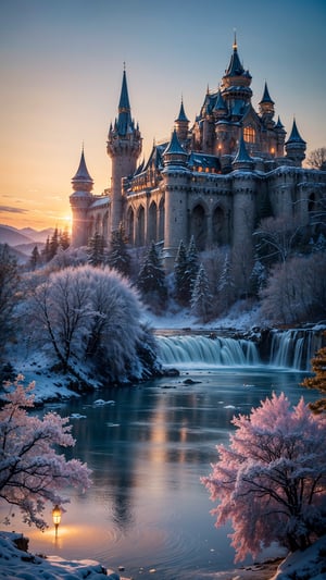 In a breathtaking 4K masterpiece, a majestic Emperor's castle stands regally amidst a serene winter wonderland. The icy, snowy mountainside is painted with hues of sapphire and amethyst, as the river winds its way through the lush scenery like a shimmering silver ribbon. Fantastical creatures frolic in the mystical ambiance, their ethereal forms blending seamlessly into the whimsical setting. Hidden wonders await discovery within this dream-like environment, where otherworldly beauty reigns supreme. As the sun dips below the horizon, the castle's towers reach for the stars, bathed in a surrealistic glow that seems to defy the passage of time. This living tapestry of enchantment weaves together limitless possibilities, inviting the viewer to escape into its captivating marvels and legendary storylines.