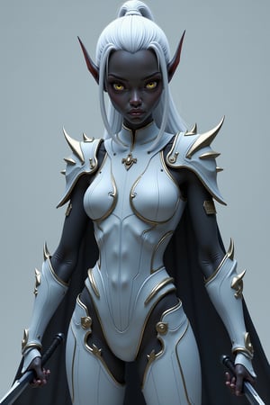 A 20-year-old female elf stands confidently in full shot, gazing directly at the camera with a strong, dynamic pose. Her pointy ears and striking silver hairdo catch the perfect lighting, illuminating her flawless skin and face. She wears modern white light armor, showcasing her well-defined physique and visible legs. The armor features thorny details, golden rims, and a spider emblem on the shoulder plates.

She stands with outstretched arms, her small wings spread wide as she holds a thin sword in one hand and a short sword in the other. Her long ears are tilted upward, accentuating her yellow eyes and athletic build. A black cape flows behind her, framing her attractive features.

Her smooth white hair is styled in a sleek ponytail, complementing her sleek black skin. She exudes confidence and intelligence, with perfect hands and fingers that seem almost too real. This illustration captures the essence of a modern fashion magazine art piece.