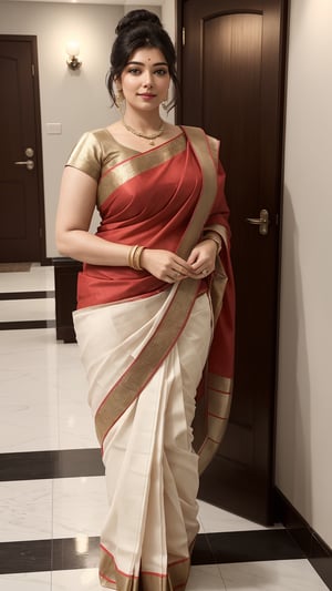 create a hyper realistic vertical photo of an incredibly attractive elegant beautiful plus size Indian woman in her 40s, updo bun hair, trending on artstation, full body portrait, professional photography, modern, sleek, highly detailed, formal, determined, wearing plain cotton saree, in a luxurious hotel lobby, fairy tone, serene gaze, sweet smile, anne hathway,Indian,Btflindngds,brown eyes, overhead wide angle view