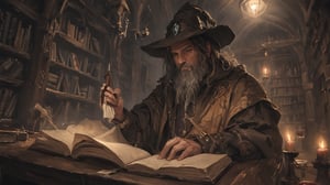 award winning waist up photo of a rugged fantasy wizard, reading arcane books in a vast magical library of sorcery