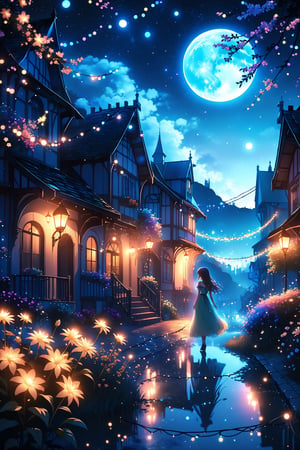 A viral anime-style digital illustration of a magical town at midnight, featuring glowing flowers, fairy lights, and a softly glowing, mystical moon. The color palette is cool and mysterious, with shimmering stars in the night sky and cosmic lighting. The scene is peaceful and enchanting, with a human character subtly present, blending into the ethereal atmosphere.