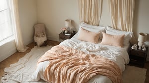 Capture a hauntingly beautiful scene from above: a sprawling bed with rumpled sheets in soft cream, peach, and pastel shades, set against crisp white walls and sheer curtains filtering faint luminescence. Dark shadows dance on the walls, infusing the dimly lit bedroom with an air of mystery.