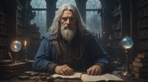 award winning waist up photo of a rugged fantasy wizard, wearing torn wizard robes, old and wrinkled, long white hair and beard, blue eyes, library, books in foreground, large window in background, fantasy, wonder, amazing, magical tools on table in background, bright wizard office or study, high contrast, shiny skin, backlighting, bloom, light sparkles, chromatic aberration, sharp focus,nodf_xl,more detail XL