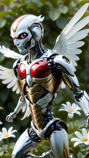 cinematic, background  blur garden with WHITE flowers, chrome robotic body metal ROBIN BIRD  RED GOLD   and black color, ONLY 4 WINGS,in motion ,16K, dangerous, ultradetailled robotic   head  with mandibles, motion flying, ,chrometech ,metallic 