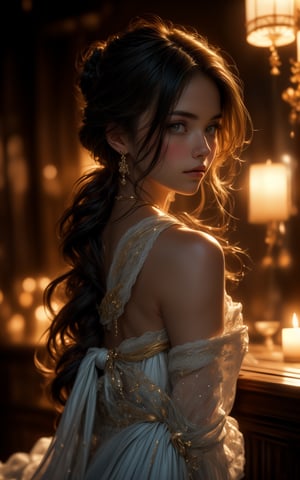 A serene and mystical mid-journey portrait of a woman exudes romantic allure, as long, flowing locks cascade down her back like golden ribbons. Framed by the soft glow of candlelight, her gentle features are rendered in exquisite detail, capturing the refined elegance of natural beauty. Her gaze is lost in thought, inviting the viewer to step into her tranquil world.