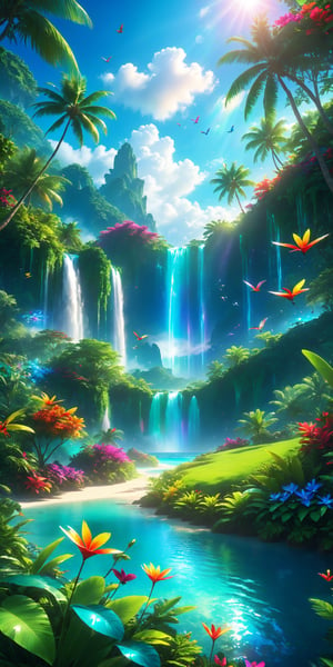 Masterpiece, best quality, high quality, highly detailed cg unity 8k wallpaper, an extremely colorful and pure fantasy environment, vibrant tones and vast bright blue cloudy skies, bright green grass landscapes, colorful trees, luscious berries and bright blue flowers, Crystal clear streams, waterfalls and valleys stretch into the distance of this exotic Environment that seems taken out of a dream, colorful butterflies and multicolored birds fly around the tropical paradise, award winning photography, bokeh, depth of field, HDR, bloom, chromatic aberration, realistic, very detailed, trending on artstation , trending on cgsociety, intricate, high detail, dramatic, midjourney art,more detail XL