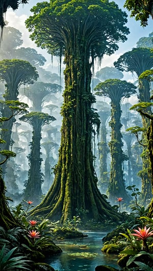 The beautiful majestic vast wild forests of Pandora from James Cameron's Avatar, towering trees, dense undergrowth, glowing exotic alien flowers and plantlife, breathtaking, vibrant, magic, fantasy