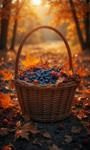 Golden light casts a warm glow on an autumn basket's bounty, overflowing with succulent blueberries and juicy berries against a rustic, earthy background. Shallow depth of field emphasizes the textures of the fruits, as a subtle vignette softly fades into creamy bokeh. Warm tonality and hint of grain evoke a nostalgic atmosphere, reminiscent of Kodak Porta 400 film aesthetic. Cinematic color grading, inspired by Maciej Kuciara, Jama Jurabaev, and Wojtek Fus, blends golden hues with deep shadows, inviting the viewer to step into this idyllic, autumnal scene.,Midjourney_Whisper