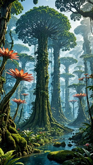 The beautiful majestic vast wild forests of Pandora from James Cameron's Avatar, towering trees, dense undergrowth, glowing exotic alien flowers and plantlife, breathtaking, vibrant, magic, fantasy