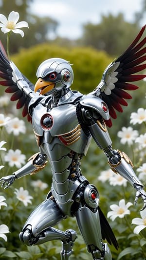 cinematic, background  blur garden with WHITE flowers, chrome robotic body metal ROBIN BIRD  RED GOLD   and black color, ONLY 4 WINGS ROBIN BIRD  ,in motion ,16K, dangerous, ultradetailled robotic   head  with mandibles, motion flying, ,chrometech ,metallic 
