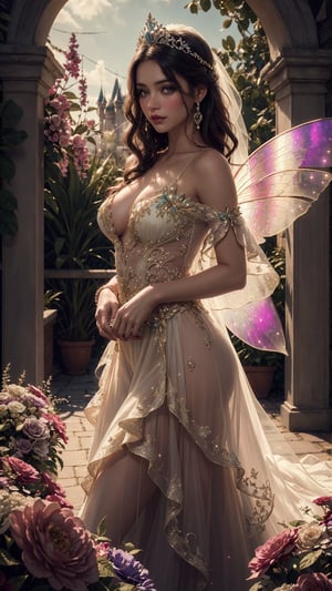 (((Stunningly Beautiful Fairy Princesss))),Story, Beautiful bride posing under a fairy tale arch of exotic magical flowers, elaborate scene style, glitter, transparent burgundy lace, realistic style, 8k,exposure blend, medium shot, bokeh, (hdr:1.4), high contrast, cinematic, (deep colors, vibrant colors, soothing tones:1.3), deep saturation, (hyperdetailed:1.2), (noir:0.4)