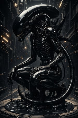 A hauntingly realistic depiction of an Alien Xenomorph crafted from liquid black tar, its biomechanical form undulating and rippling like a dark mirror's surface. The elongated head, ribbed torso, and segmented limbs gleam with metallic fluidity, as if reflecting the industrial background's chrome-like sheen. Double jaw and deadly tail blend seamlessly with the liquid body, which occasionally separates into tar droplets that reabsorb into its main form. Threateningly posed against a dark, industrial backdrop, dramatic lighting accentuates the creature's reflective properties, casting an otherworldly glow in this photorealistic, 8K-resolution masterpiece.