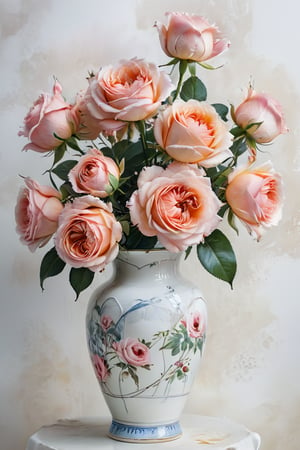 A close-up shot of a majestic Rose bouquet arrangement in a delicate porcelain vase, set against a minimalist white background. Soft, whispery ink lines and gentle watercolor washes bring the petals to life, while the surrounding space remains starkly simple. The Roses' tall stature is emphasized by the lack of human presence, allowing their natural beauty to shine. Stunning strokes of ink dance across the frame, weaving a masterpiece that's nothing short of breathtaking.