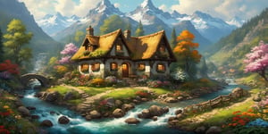 (hyper-detailed masterpiece:1.5), (best quality:1.5), (aesthetic + beautiful + harmonic), (beautiful scene:1.4), detailed pixel art,, tiny rustic cottage home by a mountain stream, flowers birds and butterflies add character and depth to the pleasant ambience of the scenary, people walking talking sitting around, ,greg rutkowski