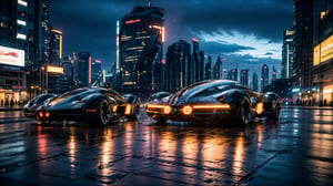 photorealistic, realistic, Scifi Batmobile, motor vehicle, vehicle focus, no humans, science fiction, aircraft, city, scenery, road, motion blur, building, outdoors, cloud, realistic, night, skyscraper, cyberpunk