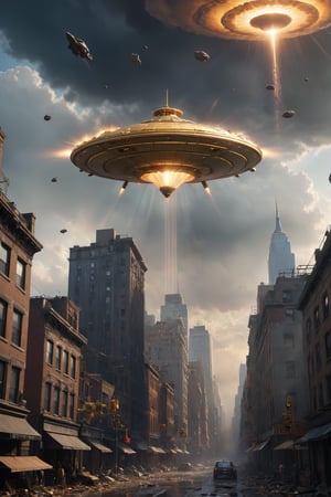 hyper-detailed,  photorealistic, ultra photoreal, cinematic shading, a golden UFO hovering overe New York, destroying a skyskraper with lasers, (lots of explosions and debris:1.2), gloomy sky