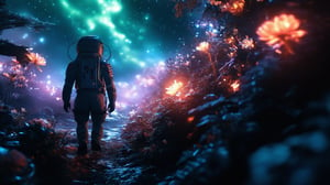 Astronaut explorer, arriving in a bioluminescent alien planet at night. Scientific documentary photography. Natural geographic style photo. Hyper-realistic, super high resolution, intricate details. (masterpiece, award winning artwork) ,  colorful floors and fauna, HDR image details, translucent leaves and flowers, stars and planets in the sky