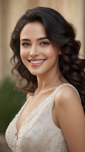 (best quality,4k,8k,highres,masterpiece:1.2),ultra-detailed,(realistic,photorealistic,photo-realistic:1.37),beautiful smile,smiling face,detailed eyes,detailed lips,delicate nose,soft black wavy hair,elegant posture,feminine charm,graceful dress,fine details,gorgeous background,vibrant colors,subtle lighting,portraits