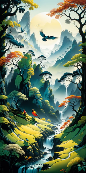 insanely detailed panoramic, ((masterpiece)), ((best quality)), ((high details)), ((realistic)), by Eyvind Earle , birds, Serigraph on paper, ultra hd, realistic, vivid colors, highly detailed, UHD drawing, pen and ink, perfect composition, beautiful detailed intricate insanely detailed octane render trending on artstation, 8k artistic photography, photorealistic concept art, soft natural volumetric cinematic perfect light