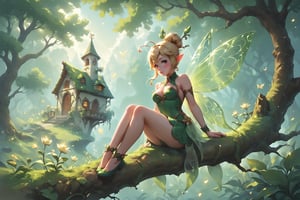 score_9, score_6_up, score_5_up,Very detailed, perfect image, a whimsical masterpiece of a A tiny curvy fairy, reminiscent of Tinkerbell, sits delicately on a tree branch, her porcelain-white skin glistening in the warm light her golden hair gleaming. She wears a very short green skirt, barely visible beneath her transparent insect wings, which shimmer and dance in the soft glow. The surrounding garden, ablaze with vibrant flora, creates a sense of enchantment as it wraps around the wooden cottage, its rustic charm complementing the fairy's ethereal beauty.,Perfect skin