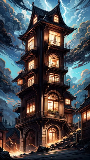 A fantastic painting of a cartoon anime steampunk village house with large windows , Akira art style,Trending on Artstation, 8k HD wallpaper, official media, beautiful, very beautiful, detailed, high quality, wallpaper 4K, epic, trending on artstation and behance, dynamic lightning, (intricate details), (energetic composition), (golden ratio), concept ,(Color Booster),