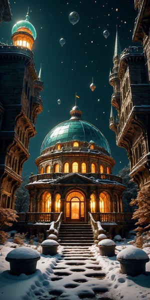a fantasy realm, a majestic ancient red castle with Byzantine-style architecture, adorned with intricate various accents that shimmered in the dying light of a winter sunset,
Pink and orange hues sky, castles (glass dome:1.4) perched atop the tallest tower, a luminous beacon observatory, a jewel in the gathering twilight. The dome refracting the colors of the sunset and casting a mesmerizing glow over the snowy landscape, Snowflakes fall, sprinkles of fairy dust, enhances the castle's allure, blanketed courtyard in snow, Statues of mythical creatures stood frozen in mid-motion, their forms captured in a dance of eternal elegance, darkness embraced, lit up, celestial radiance, hyperdetailed, filmic, high_res,DonMG414 