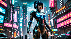 Motoko Kusanagi stands tall in a darkened Tokyo cityscape, illuminated only by neon hues. Her cybernetic bodysuit glistens with a metallic sheen as she surveys the landscape. Blue robotic eyes glow with an otherworldly intensity, piercing through the shadows. In this cyberpunk world, the boundaries between human and machine blur, as Motoko embodies the fusion of flesh and steel,cyberpunk style,DonMCyb3rN3cr0XL,cyborg
