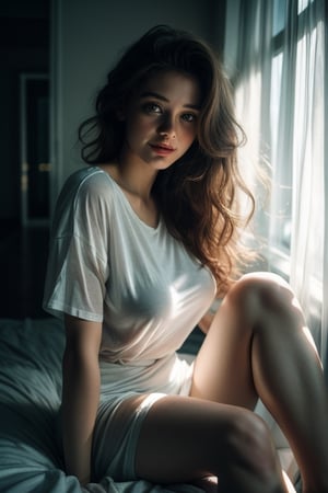 a smiling girl wearing an oversized white t shirt, from the knees up just waking up in bed in an empty room, film grain, depth of field, analog film style, vivid color, 1girl, voluptuous body, thick thighs, full body, beautiful eyes, beautiful symmetrical face, fog, (night, dark, dark photo, grainy, dimly lit:1.3), (masterpiece:1.2), best quality, high quality, (realistic), (absurdres:1.2), UHD, ultrarealistic, noise, 

