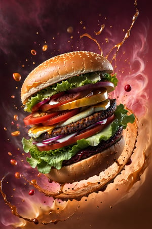 A dramatic, sweet-tooth spectacle: a burger in mid-air, defying gravity as it splatters onto a glass plate amidst a gradient Cherry-colored background. In a burst of fluid motion and dynamic movement, the patty and toppings explode in a cinematic lighting display. Brushstrokes reminiscent of Beksinski's palette knife swirls blend with Klimt's opulence, while airbrushed textures evoke a surreal 3D sweetscape. Oversized tomatoes and lettuce tumble outwards, as caramel-colored drizzle adds to the mouthwatering chaos - an edible explosion that redefines the boundaries of food photography.