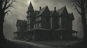 A black and white grainy vintage photo of a decrepit sinister haunted house, ghostly presence, shadowy evil creepy horror atmosphere,nodf_xl,more detail XL