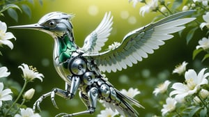 cinematic, background  blur garden with WHITE flowers, chrome robotic body metal HUMMING BIRD  GREEN GOLD  and WHITE color, 2 WINGS,in motion ,16K, dangerous, ultradetailled robotic  head  with long beak, eating nectar from flowers,  motion flying, ,chrometech ,metallic 