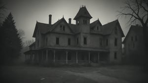 A black and white grainy vintage photo of a decrepit sinister haunted house, ghostly presence, shadowy evil creepy horror atmosphere, underexposed,nodf_xl,more detail XL