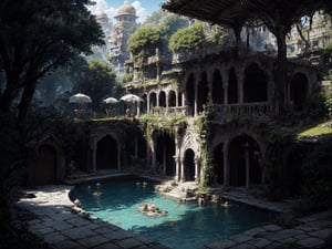 masterpiece,best quality, paradise lost,sulfur exotic country,brimstone,epic,Oasis in the desert, ,mysterious, India, long shot,greenhouse,swimming,bright light pool,elven arch,outdoors