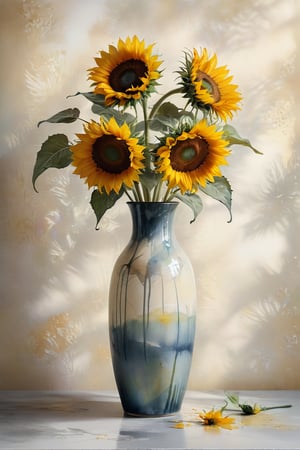 A masterpiece of minimalist elegance: a stunning image of sunflowers in a vase, set against a serene background where ink and watercolor harmonize to create a dreamy atmosphere. The flower's vibrant petals stand out against the soft, muted tones of the vase and subtle shadows, with gentle hints of ink strokes adding texture and depth.


