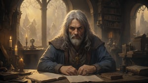 Award-winning waist-up photograph of a rugged fantasy wizard, worn and weathered, donning torn, tattered robes that belie his age. Long, wispy white hair cascades down his face, mingling with a beard that's equally venerable. His piercing blue eyes seem to bore into the soul. In the foreground, ancient tomes and dusty scrolls litter the wooden desk, while in the background, a grand window frames the wizard's lair, bathing everything in warm, golden light. Magical artifacts glint on the table, reflecting the soft luminescence. Shining skin and high contrast create a sense of wonder, as if the very fabric of magic is about to bloom forth from this whimsical scene, where chromatic aberration adds an otherworldly sheen, and sharp focus draws the viewer in, like a moth to flame. Backlighting creates a halo around the wizard's head, imbuing him with an aura of wisdom and mystique.,nodf_xl,more detail XL