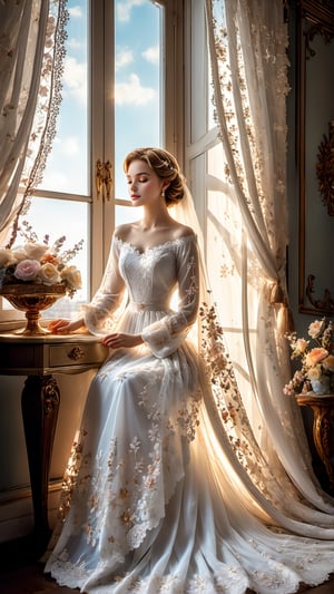 a gentle lady sits by the window, a transparent embroidered curtain is swayed by a breeze,  wearing a combination dress made of richelieu lace, made of snow-white fine fabric, the sun's rays fall on the girl's skin, she dreams, delicate pastel colors, velvet bedspreads, many interesting details, figurines, marble, crystal in the room