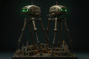 Two  gleaming ultra detailed tarnished Chrome brass blackened tall spindly War of the Worlds Tripod robot stands majestically, their metal bodies reflecting the light like polished chrome. The giant cybernetic Tripod attackers looms over a diorama base of a destroyed miniature city. The creature's glowing green eyes fix menacingly on the viewer, as if daring an attack. Framed against a dark background, the image pops with vibrant colors and textures, a true masterpiece in stunning 8k resolution.