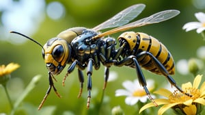 cinematic, background  blur garden with flowers, chrome robotic body metal wasp yellow and black color, in motion ,16K, dangerous, ultradetailled robotic wasp head  with mandibles, motion flying, ,chrometech ,metallic 