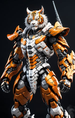 An Angry Orange Tiger Robot Mecha Soldier, Angry Agile Anthropomorphic Figure, Wearing Futuristic White and Gray Soldier Armor and Weapons, Reflection Mapping, Realistic Figure, Hyper Detailed, Cinematic Lighting Photography, 32k UHD