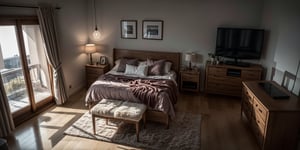 A majestic Scandinavian bedroom unfolds before us in a stunning overhead shot. The room is bathed in the warm glow of cinematic lighting, with shadows dancing across the sleek surfaces. Curtains are closed, allowing the focus to be on the elegant space. A flat-screen TV gleams softly in the corner, while bokeh hints at the presence of a photographer's lens. Every detail is meticulously rendered in 8K resolution, showcasing the perfect blend of modern design and Scandinavian charm.