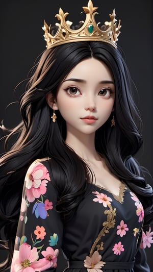 black background, long hair, solo, parted lips, crown, lips, flower, 1girl, upper body, black hair, dress, looking at viewer
,3d toon style