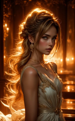 Romantic, alluring, detailed, photo, body portrait, serene, gentle. The art of beauty, refined and elegant,natural,long flowing hair,midjourney,Mystical