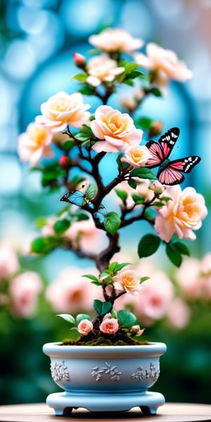 Hyper realistic and hyper detailed photograph of a beautiful japanese rose bonsai tree, a delicate pastel butterfly on the flowers, masterpiece, award winning, 3d render, cgi, symetrical, octane render, 35mm, bokeh, (intricate details:1.3), hdr, (intricate details, hyperdetailed:1.3)