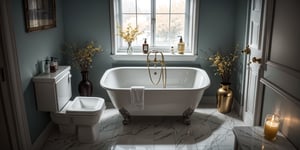 A majestic, overhead view of a stunning Scandinavian-inspired bathroom, bathed in warm, cinematic light. The space is adorned with elegant toiletries and fresh flowers arranged in sleek vases. Soft sunlight pours through the window, casting a subtle glow on the marble countertops and golden fixtures. The 8K, HDR rendering showcases hyperdetailed textures and ultra-high resolution, as if captured with a Nikon D800 or Canon 5D camera. The bokeh effect creates a dreamy atmosphere, perfect for an interior design magazine spread.