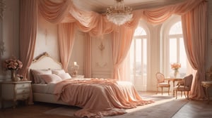 Overcast night sky casts a mystical glow through the drawn curtains, bathing the opulent bedroom in an ethereal light (1.6). Outside, darkness reigns supreme (1.5). Amidst this surreal setting, a majestic bed dominates the scene, its rumpled sheets a tangled mess of cream, white, and peach pastel hues. Shadows dance across the walls, adding to the whimsical atmosphere. In this fairy-tale realm, modern elegance meets timeless luxury, with every detail meticulously crafted for an otherworldly, trending digital art piece on Artstation.