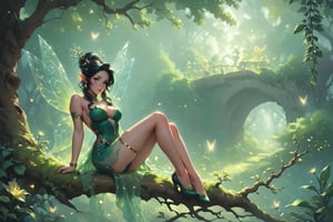 score_9, score_6_up, score_5_up,Very detailed, perfect image, a whimsical masterpiece of a A tiny curvy fairy, reminiscent of Tinkerbell, sits delicately on a tree branch, her porcelain-white skin glistening in the warm light her black hair shining. She wears a very flowing green lace Indian saree, barely visible beneath her transparent insect wings, which shimmer and dance in the soft glow. The surrounding garden, ablaze with vibrant flora, creates a sense of enchantment as it wraps around the wooden cottage, its rustic charm complementing the fairy's ethereal beauty.,Perfect skin